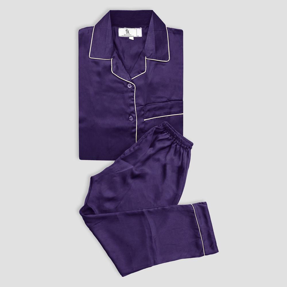 FK Women’s Lapel Style Silk Fancy Night Suit Women's Sleep Wear FKG Purple S 