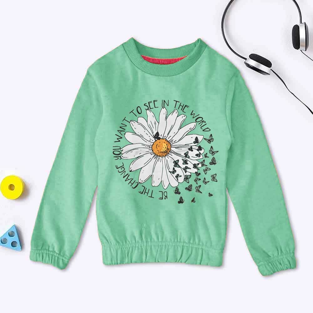 Lyallpur Girl's Sun Flower Printed Terry Sweat Shirt Girl's Sweat Shirt LFS Mint Green 2 Years 
