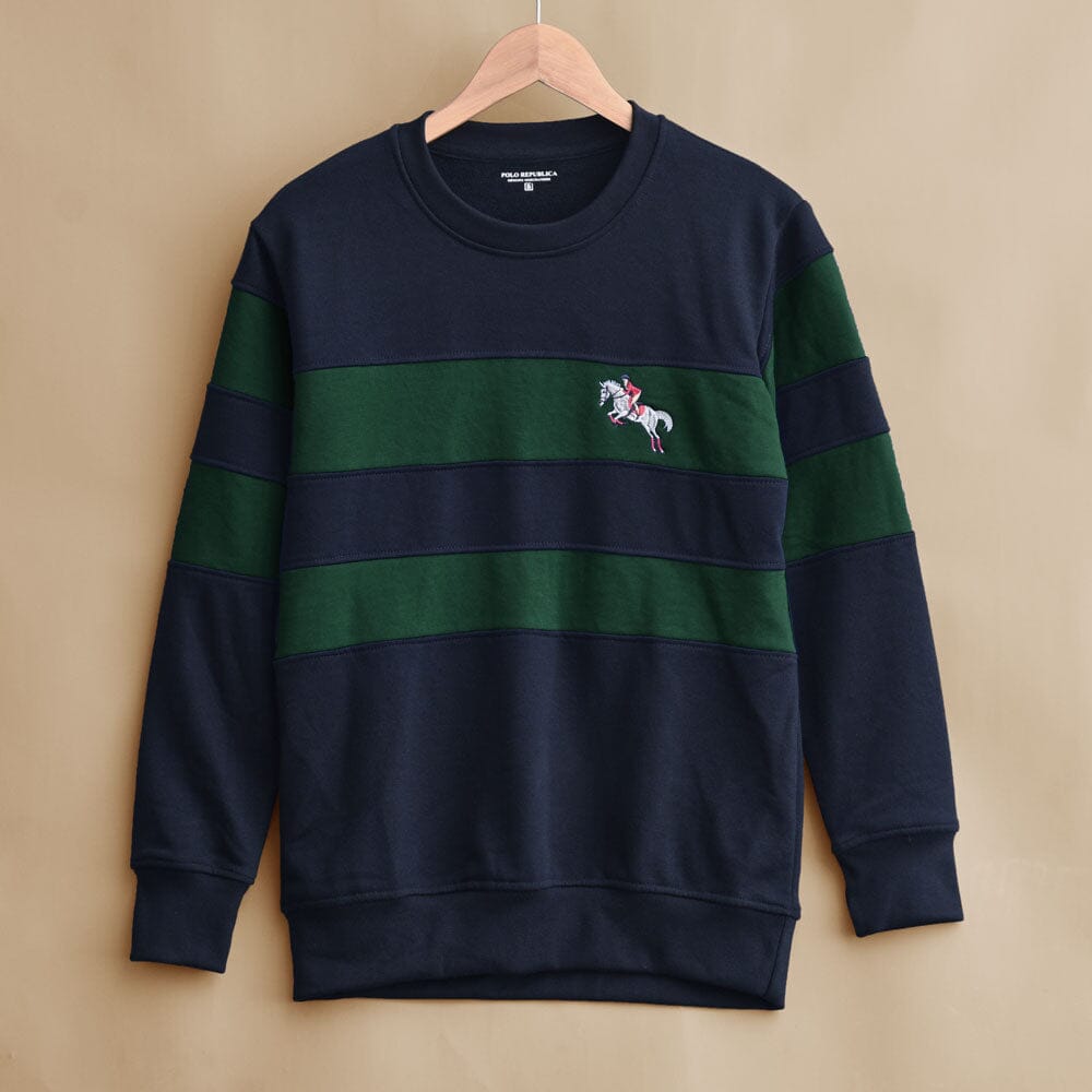 Polo Republica Men's Contrast Panel Jumping Horse Embroidered Terry Sweat Shirt Men's Sweat Shirt Polo Republica Navy & Bottle Green S 