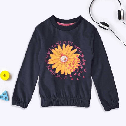 Lyallpur Girl's Sun Flower Printed Terry Sweat Shirt Girl's Sweat Shirt LFS Navy 2 Years 