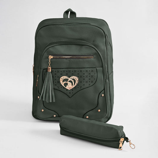 Women's Heart Design Tassel PU Leather Backpack Hand Bag SMC Olive Green 
