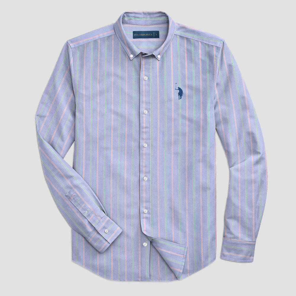 Polo Republica Men's Premium Stripes Pony Embroidered Casual Shirt Men's Casual Shirt Polo Republica Sky & Purple S 