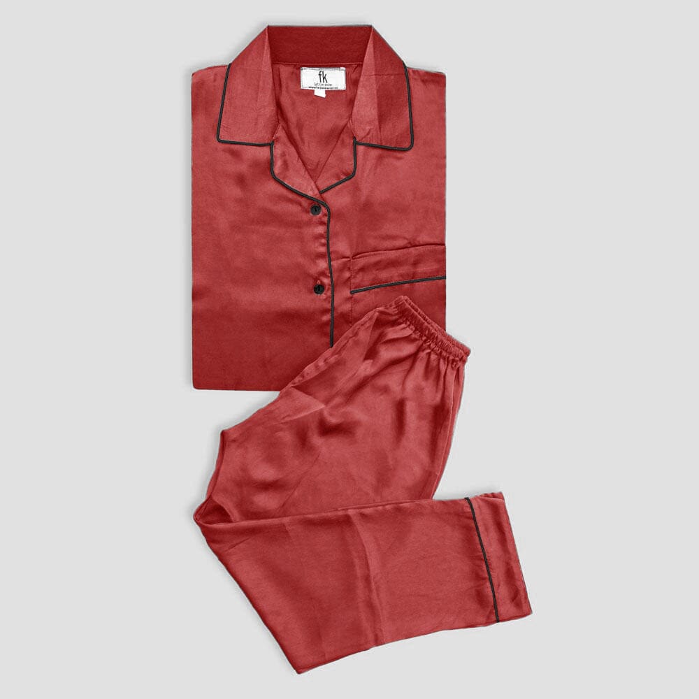 FK Women’s Lapel Style Silk Fancy Night Suit Women's Sleep Wear FKG Red S 