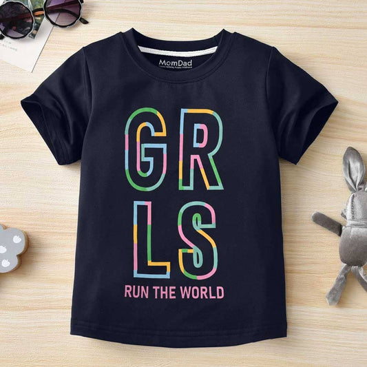 Mom Dad Girl's Run The World Printed Tee Shirt Girl's Tee Shirt HAS Apparel Navy 5 Years 