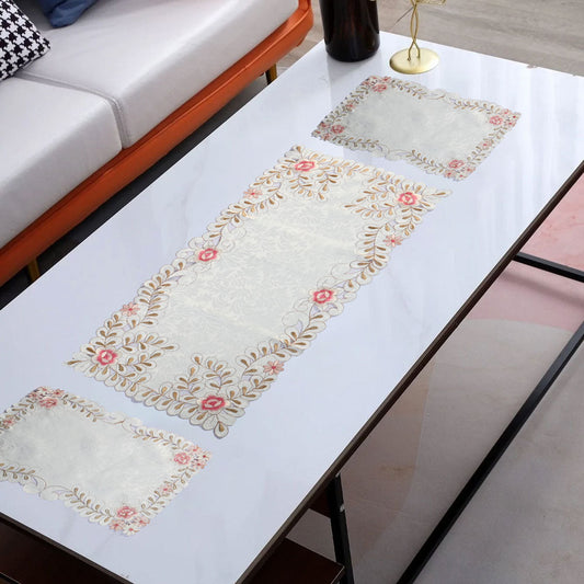 Cut Work Embroidered Design Table Mat Set - 3 pcs Table Runner De Artistic Off White 