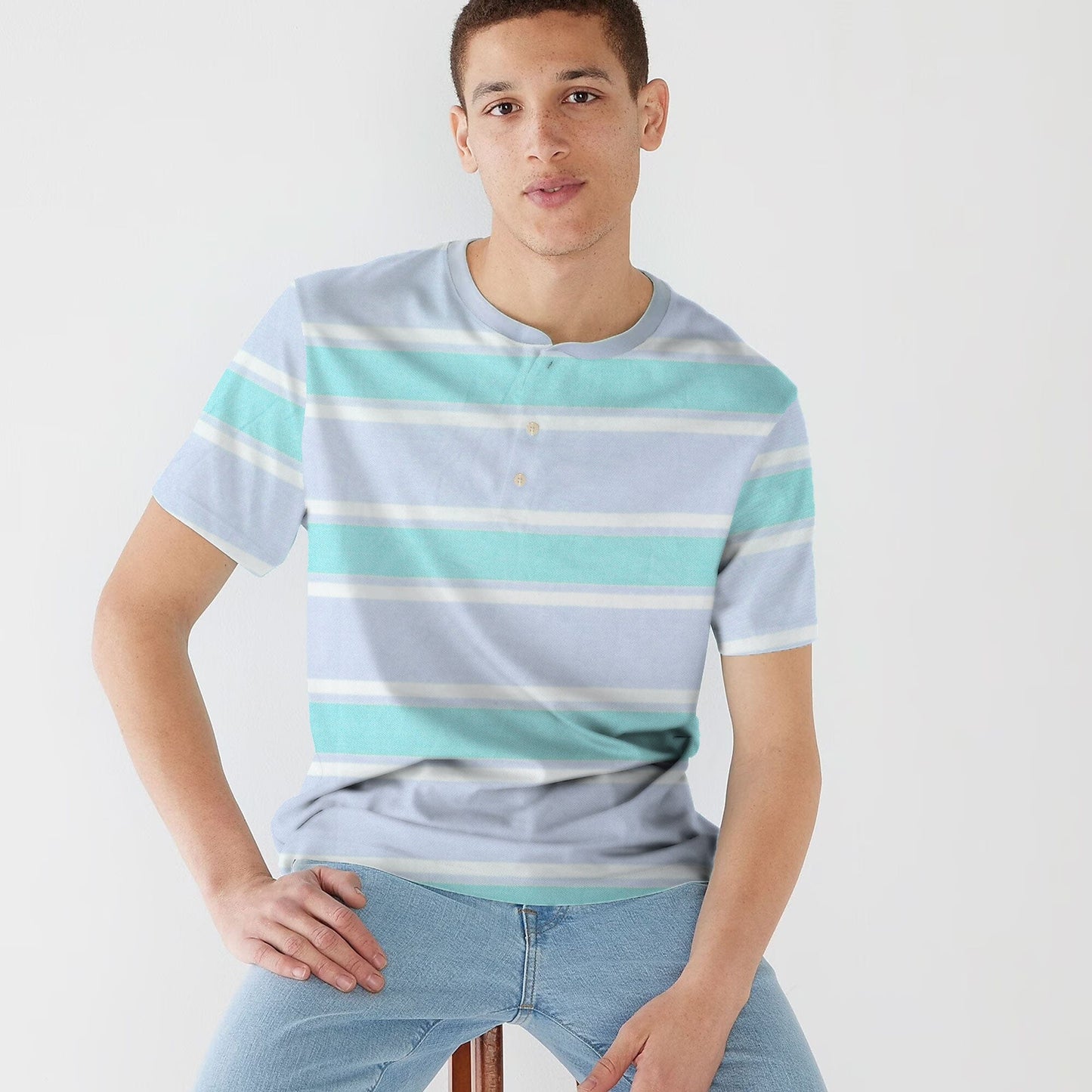 Max 21 Men's Stripes Style Short Sleeve Henley Shirt Men's Tee Shirt SZK Powder Blue S 