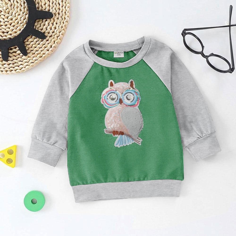 Safina Kid's Charming Owl Embellishment Raglan Fleece Sweat Shirt Girl's Sweat Shirt Image Green 3-4 Years 