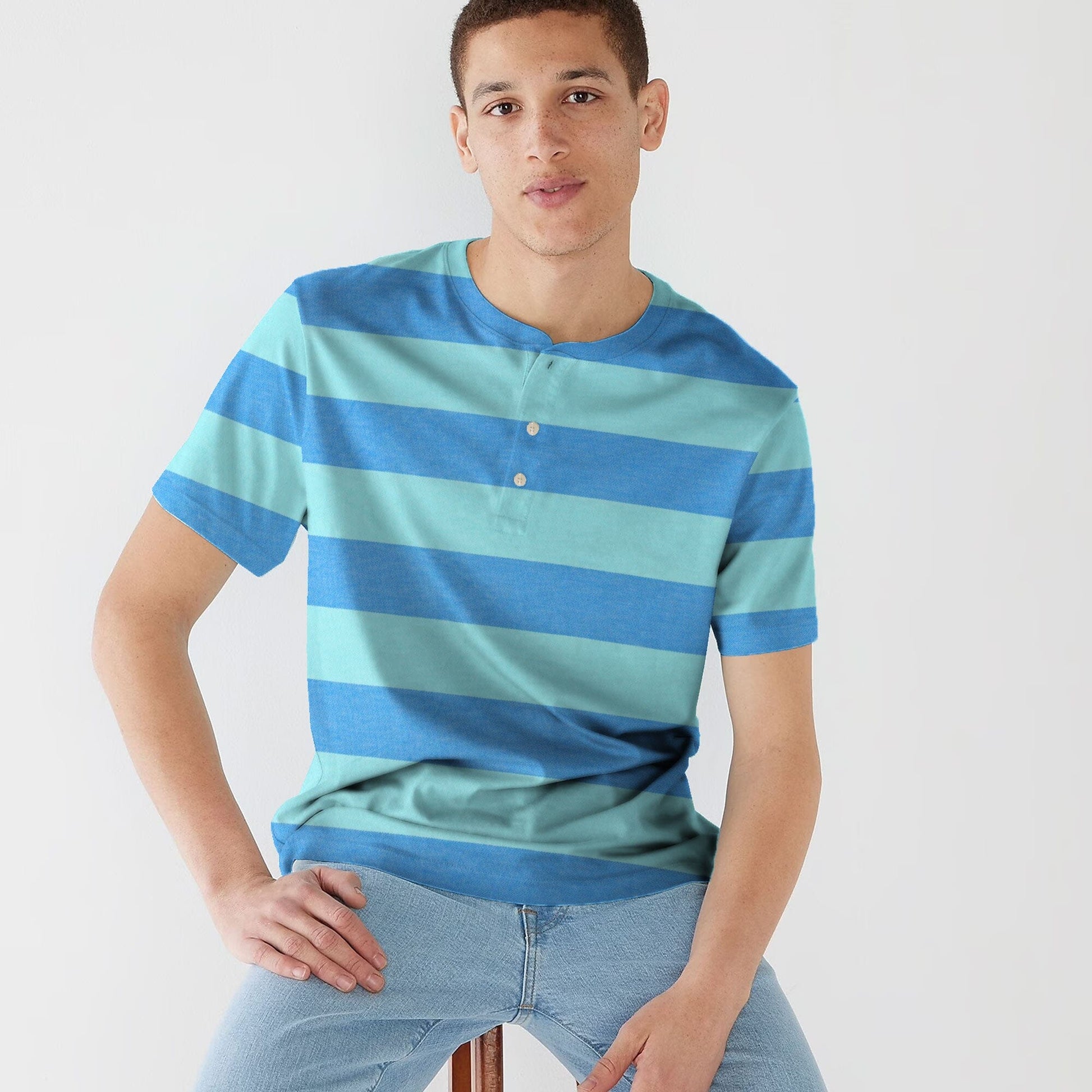 Max 21 Men's Stripes Style Short Sleeve Henley Shirt Men's Tee Shirt SZK Sky Blue S 