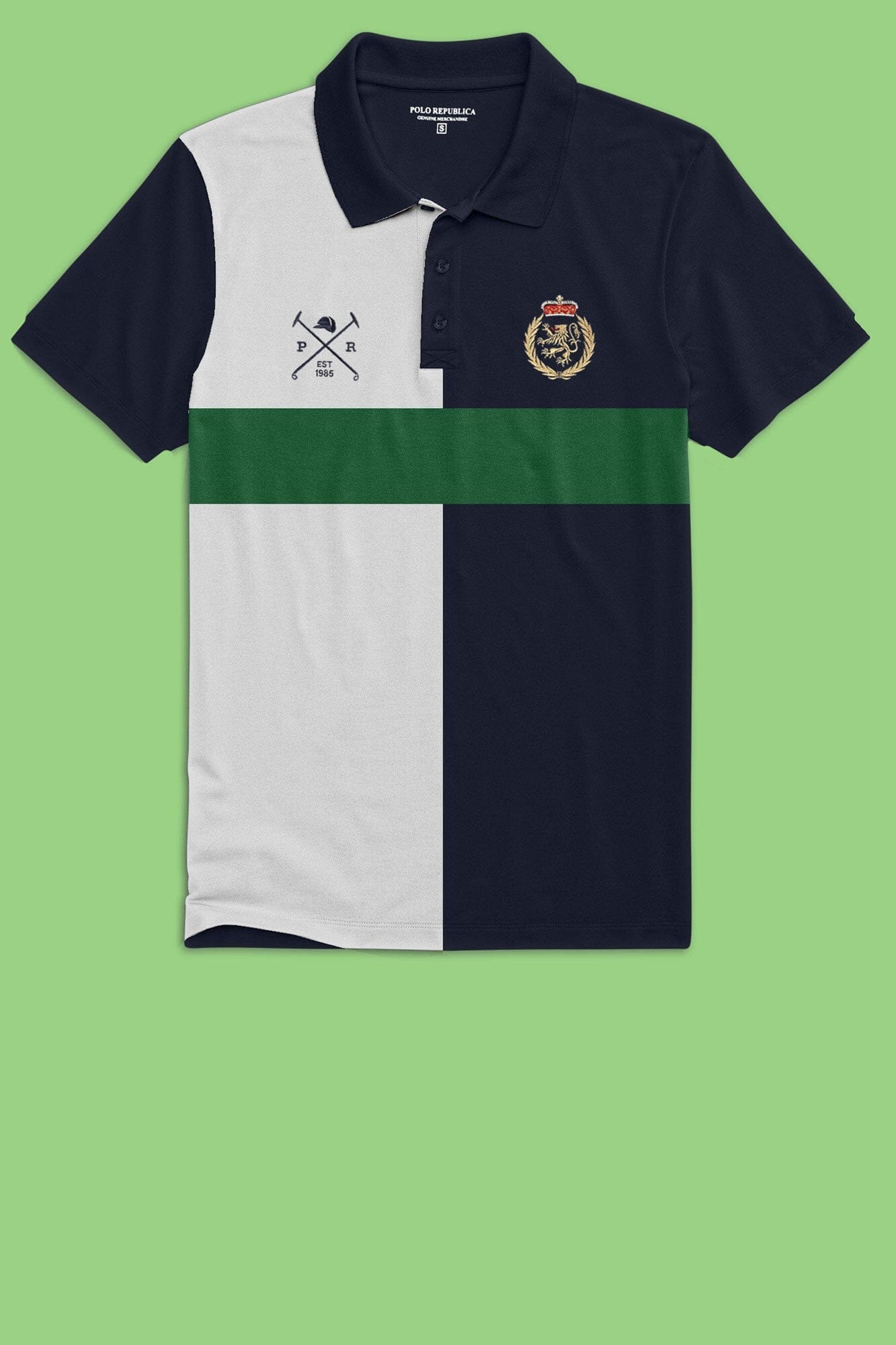 Polo Republica Men's Lion Crest & Mallets Embroidered Polo Shirt Men's Polo Shirt Polo Republica Navy & White S 