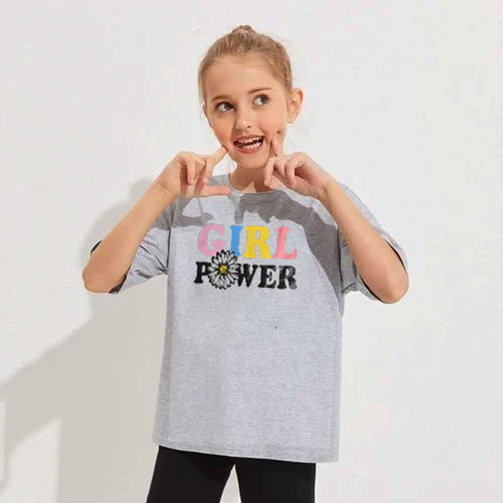 Mom Dad Girl's Power Printed Tee Shirt Girl's Tee Shirt HAS Apparel Heather Grey 5 Years 