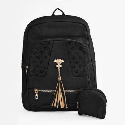 Women's Floral Tassel Design PU Leather Backpack Hand Bag SMC Black 