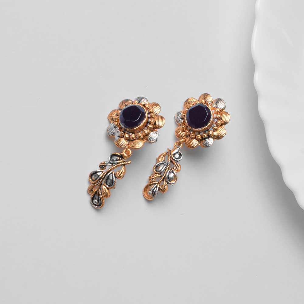 American Diamond Women's Flower Branch Design Earring Pair Jewellery SNAN Traders Blue 