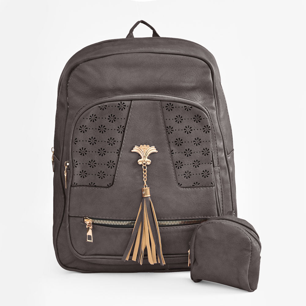Women's Floral Tassel Design PU Leather Backpack Hand Bag SMC Chocolate 