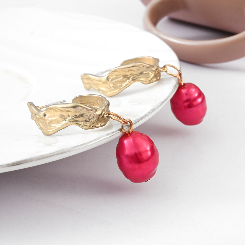 Women's Brass Red Pearl Design Earrings Jewellery ALH Golden & Red 