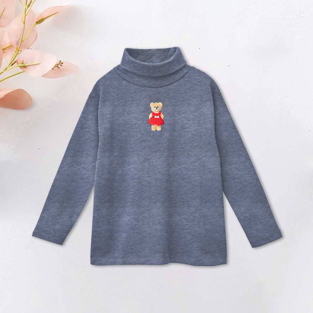 Safina Kid's High Turtle Neck Teddy Bear Embroidered Sweatshirt Girl's Sweat Shirt Safina Jeans Marl 2-3 Years 