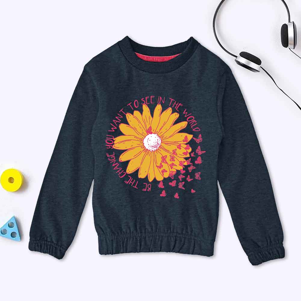 Lyallpur Girl's Sun Flower Printed Terry Sweat Shirt Girl's Sweat Shirt LFS Jeans Marl 2 Years 