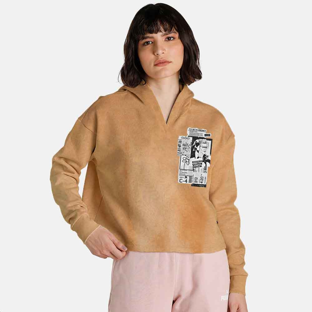 Women's Amorey Studio Printed Crop Top Oversized Fleece Pullover Hoodi ...