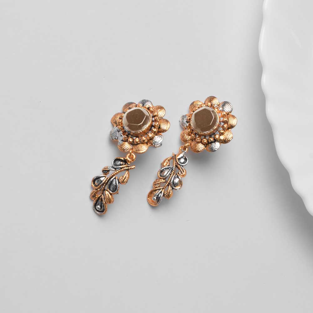 American Diamond Women's Flower Branch Design Earring Pair Jewellery SNAN Traders Peach 