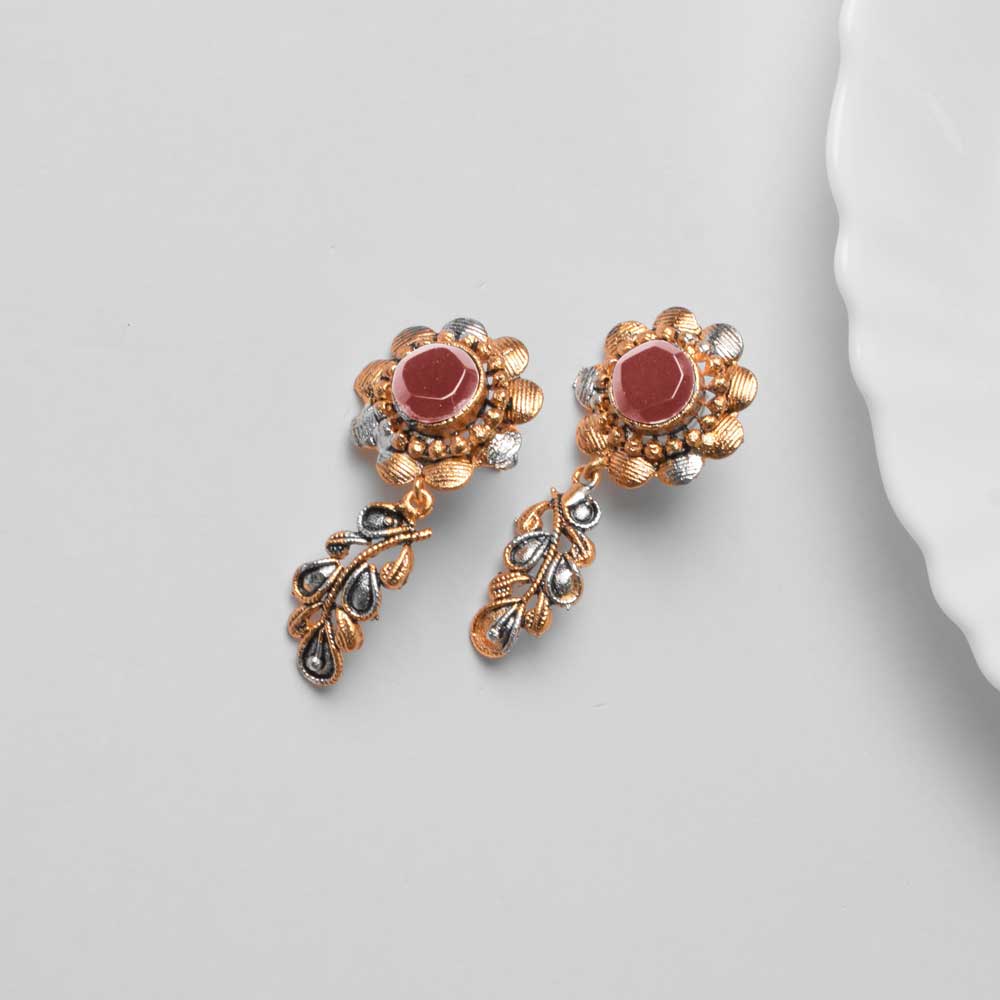 American Diamond Women's Flower Branch Design Earring Pair Jewellery SNAN Traders Pink 