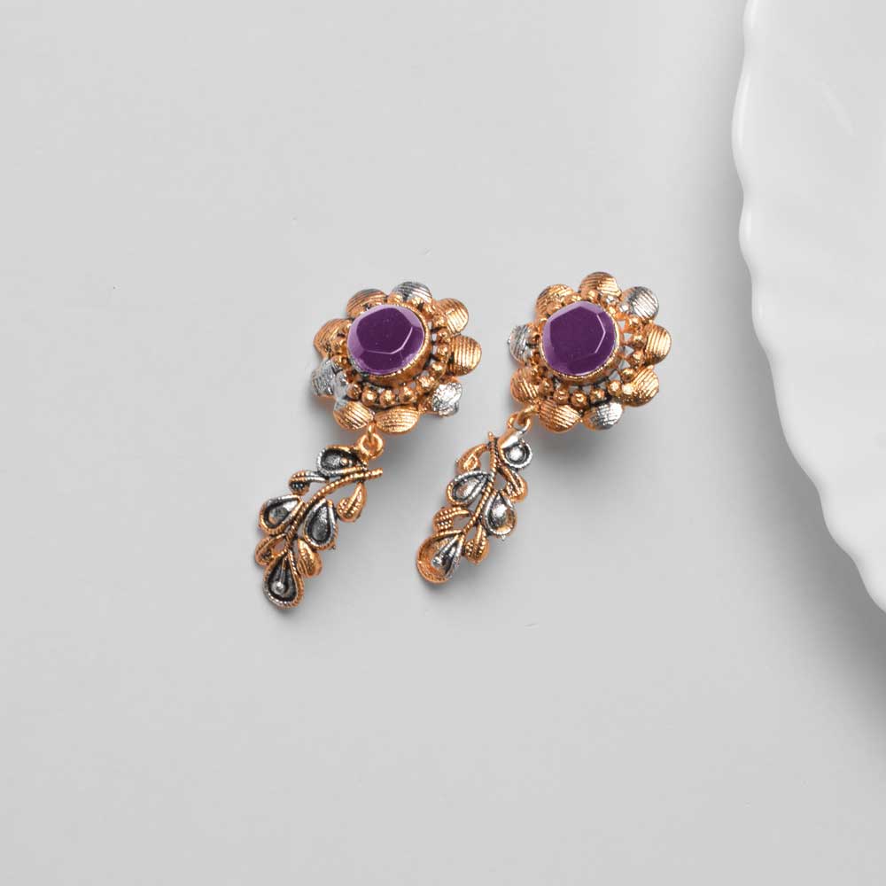 American Diamond Women's Flower Branch Design Earring Pair Jewellery SNAN Traders Purple 