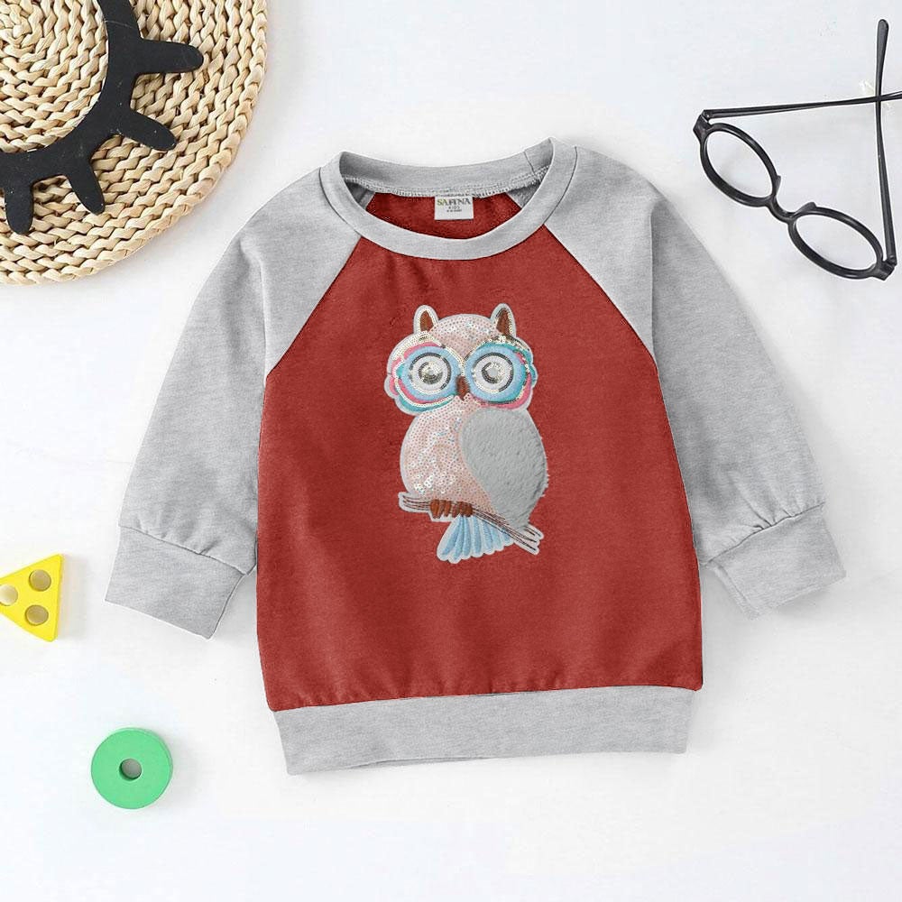 Safina Kid's Charming Owl Embellishment Raglan Fleece Sweat Shirt Girl's Sweat Shirt Image Red 3-4 Years 